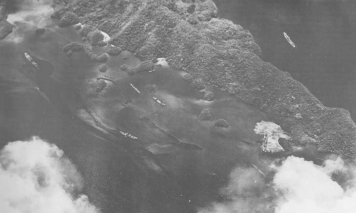 attack on palau-03.JPG - Shipping in the western lagoon. Ships include Akashi (with churned up white water from near miss), the tanker Akebono Maru and Matsuei Maru